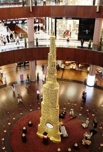 The monumental Burj Khalifa tower, emblematic of the Dubai skyline and the UAE more broadly, has been commodified as a symbol of Emirati modernity and economic achievement. In a surreal gesture, Dubai mall featured a three-story replica of the towering structure—formed entirely from Ferrero Rocher chocolates. -- December 2012;  Dubai, United Arab Emirates